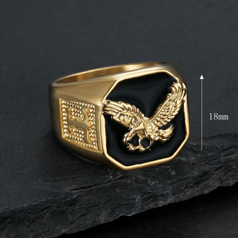 Hip Hop Square Black Oil Dripping Eagle Casting Animal Ring 316L Stainless Steel Gold Plated Jewelry