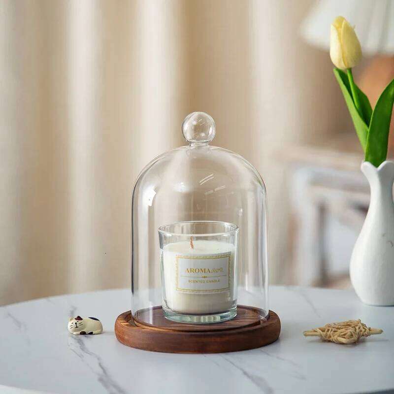 Holder Ornaments Dust-proof Glass Wooden Base Aromatherapy Candle Cover Display Box Home Decoration Y260131