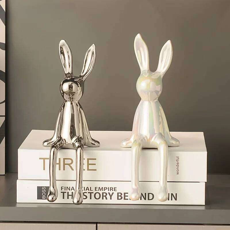 1PCS Ceramic Long-Eared Sitting Rabbit Room Ornaments Statue Luxury Decoration Accessories High-End Home Art Aesthetics Y260202