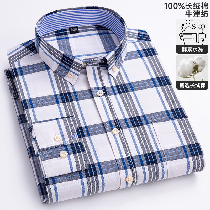 Mens Oxford Long Sleeve Shirt for Young and Middle-aged Casual Plaid Full Cotton Plus Size Shirt 240617
