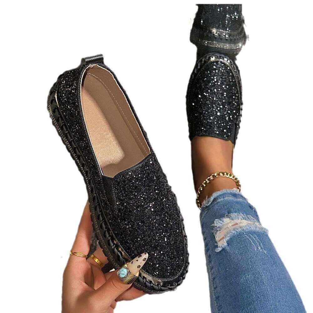 2026 Spring New Slip-On Thick-Soled Lazy Casual Sequin Rhinestone Versatile Export Large Size Single Shoes