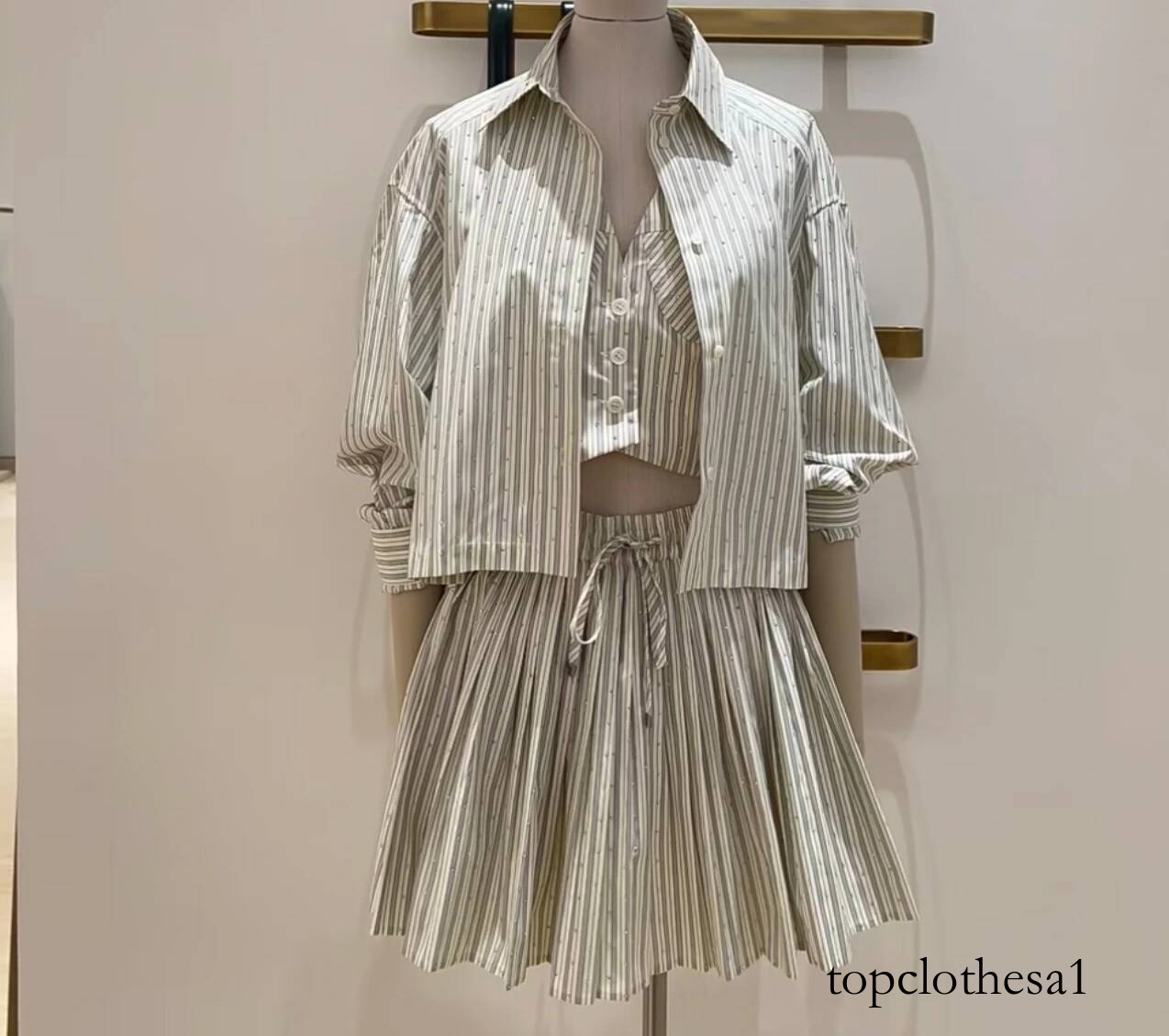 Women's Striped 3-Piece Set Long Sleeve Shirt Vest + Pleated Skirt Casual Office Outfits 26 Spring Sunmmer New