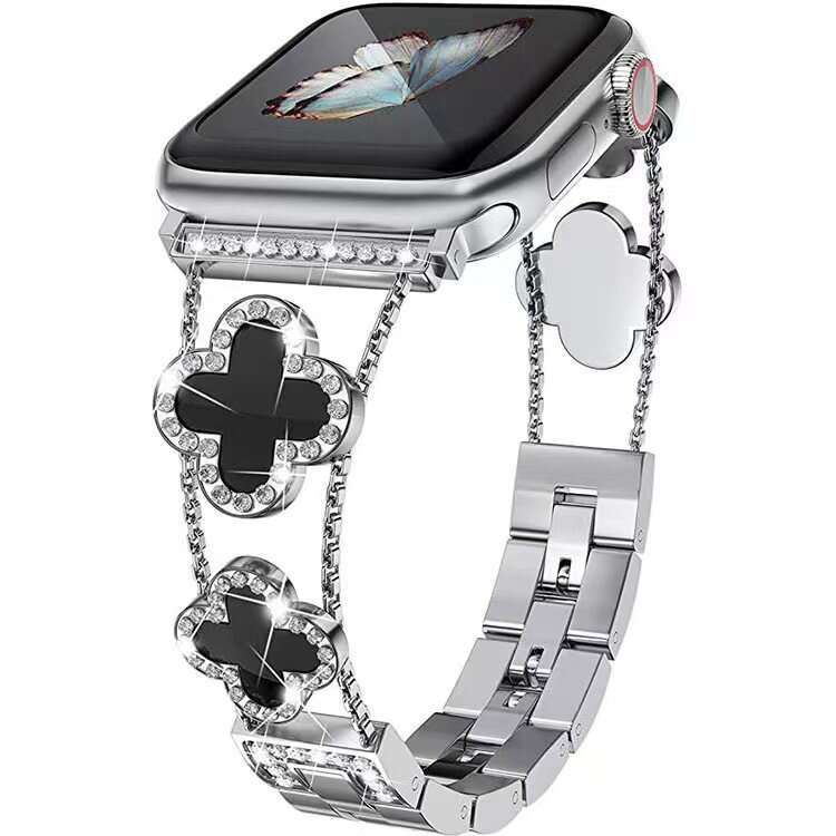 Sparkly Diamond-Encrusted Clover Metal Band Bling Rhinestone Bracelet Strap Compatible with Apple Watch SE1-11 Series