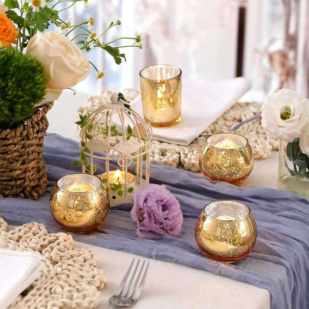 Round Gold Votive Holders, Mercury Glass Candle Holder Y260131