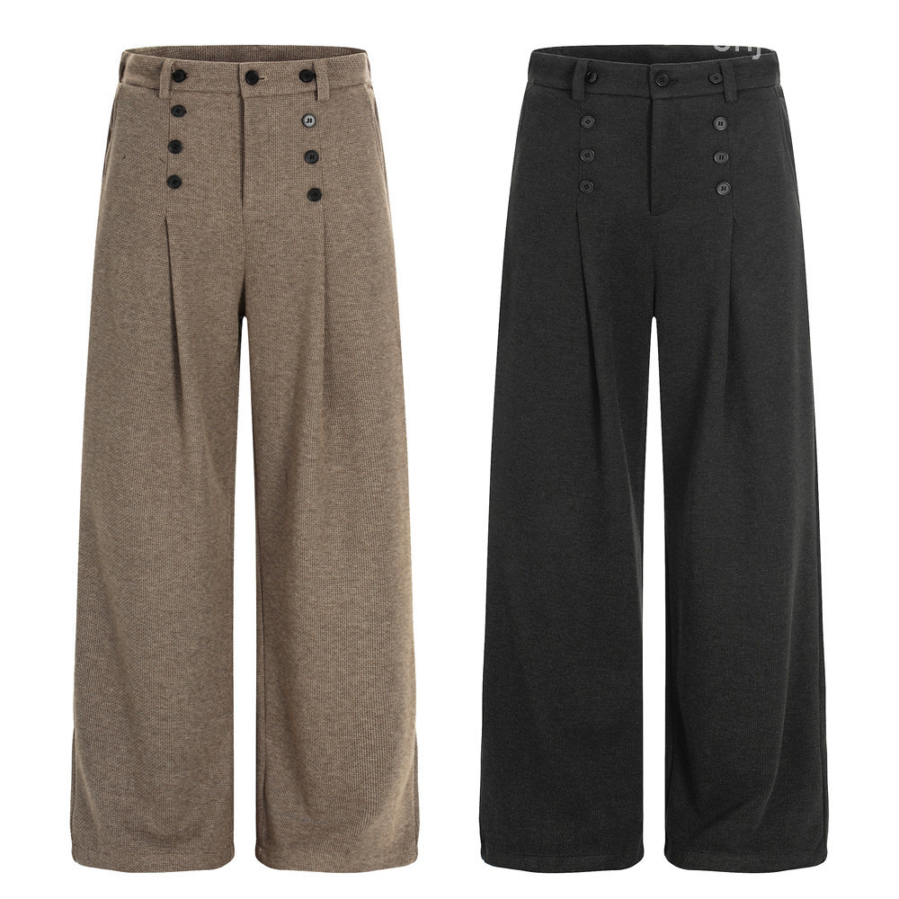 Old Money Style Casual Pants Mens Trendy Brand Vibe American Style Pleated Button Design Solid Color Draped Loose Long Pants