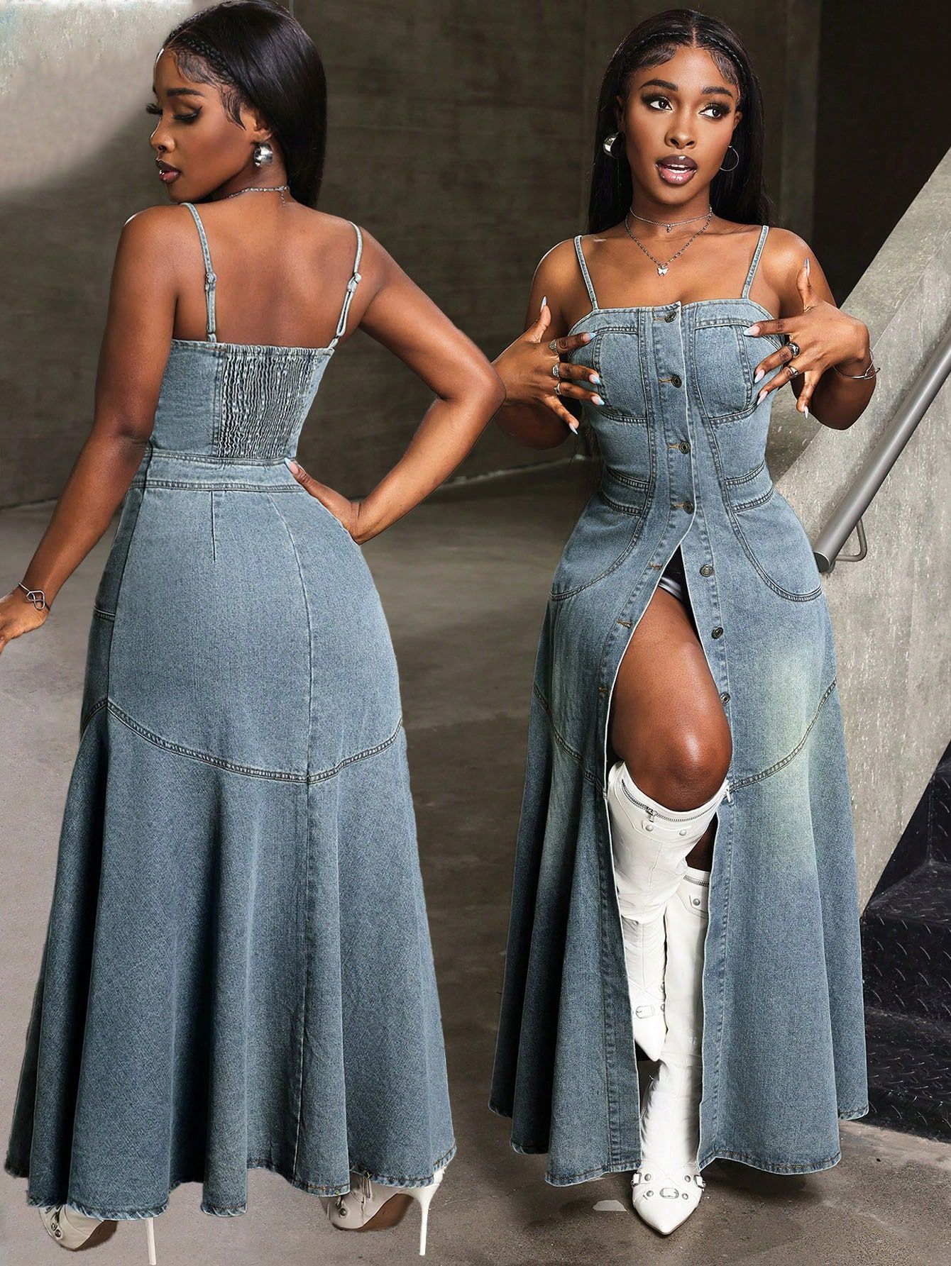 15811 Fashionable MidLength SingleBreasted Denim Dress with Straps 240402