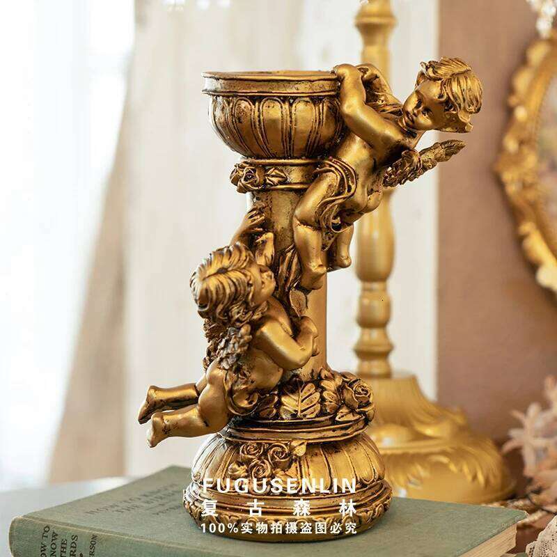 Retro Forest European-style Golden Angel Roman Column Candlestick Sculpture Resin Ornaments for Home Decoration Y260131