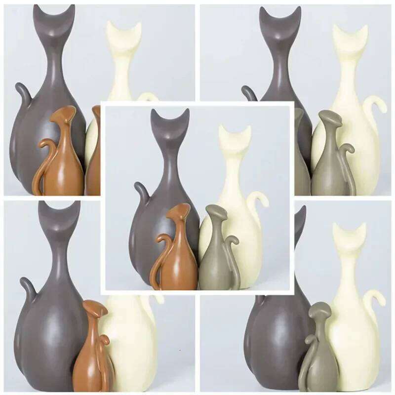Nordic Ins Glaze Ceramic Ornaments 3/4pcs Porcelain Cat Family Decorations Home Cabinet Animals Figurines Y260202