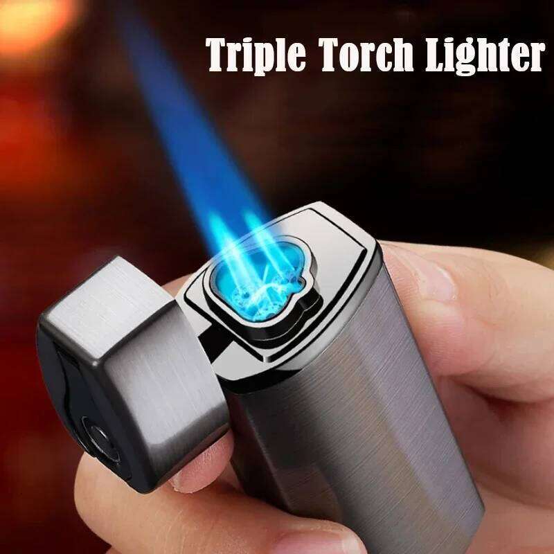 New Touch Sensing Metal Outdoor Windproof Electric USB Turbo Three Torch Blue Flame Gas Lighter Cigar Tool Men's Gifts W260202