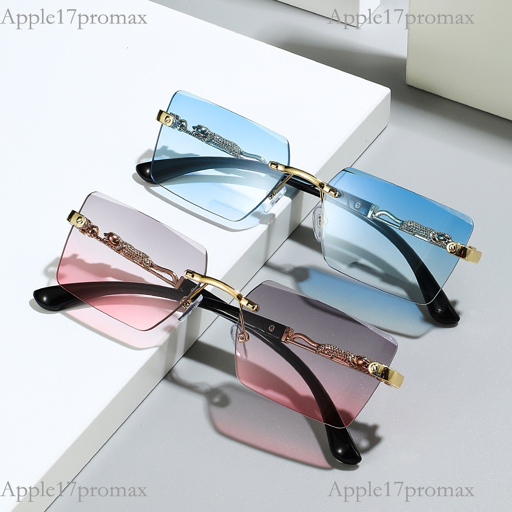 Luxury Brand Designer New Square Fashion Sunglasses European and American Style Frameless Leopard Decoration Personality Cut Edge PC Lens Sunglasses