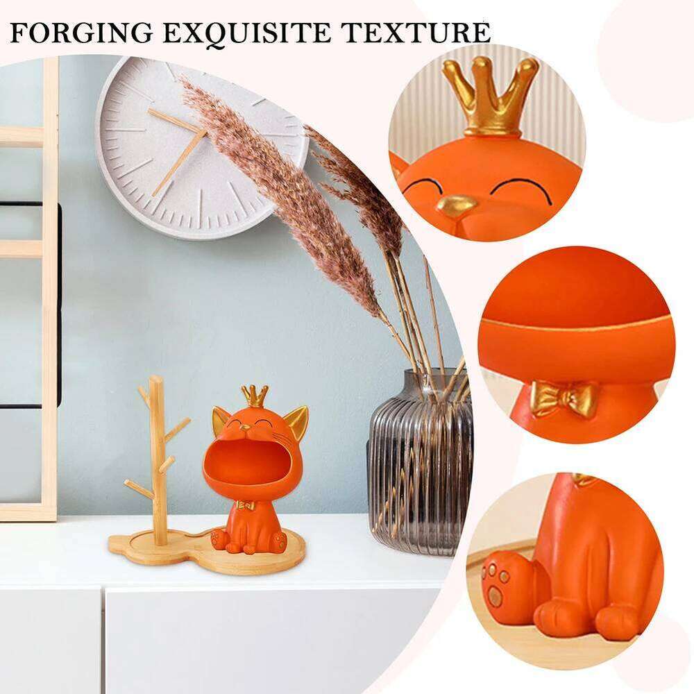 Storage With Wooden Rack Big Mouth Cat Resin Table Sculpture Entrance Crafts Household Supplies for Office Coffee Shop Y260202