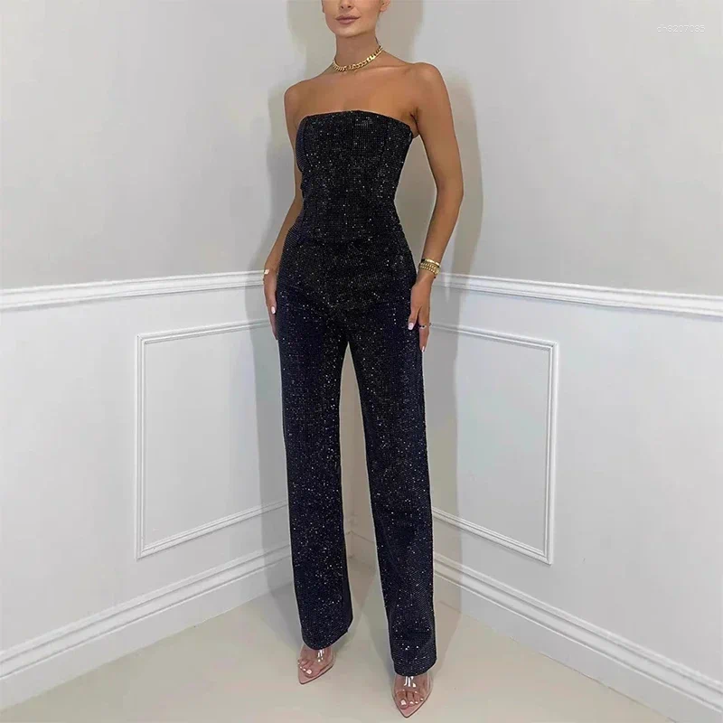 Women's Two Piece Pants CPSYMYM Rhinestones Denim Vest Jeans Set Women Sexy Slim Sleeveless Strapless Empire Waist Zipper Pocket Pencil - view 6