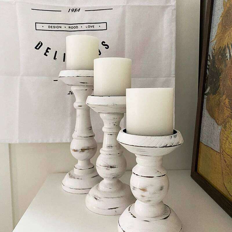 Solid Wood White Candlestick Tabletop Retro Candle Holder Home Decoration Wooden Candles Rack Nostalgic Photography Props Y260131
