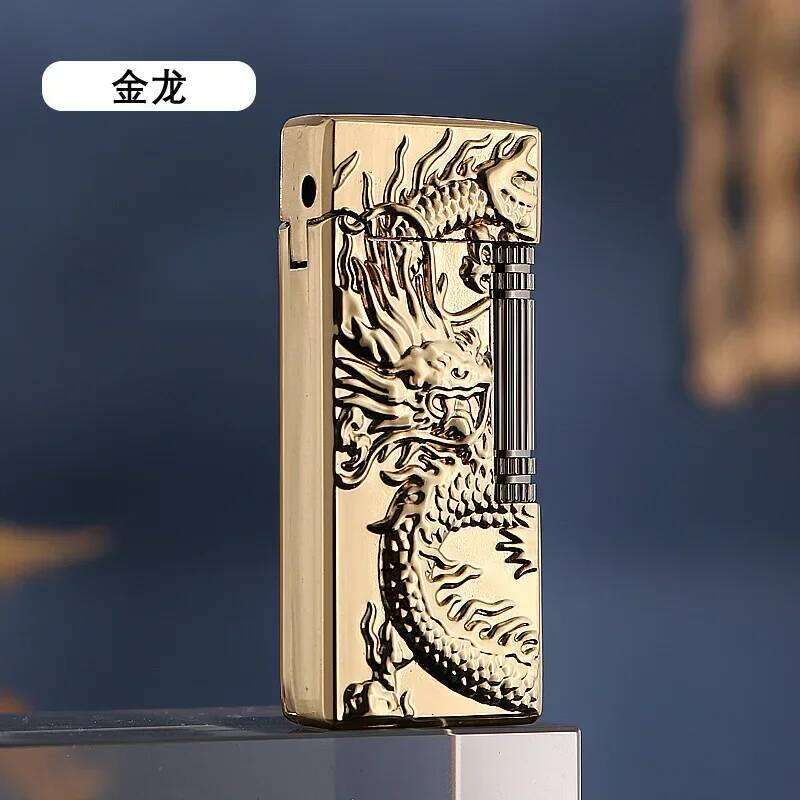 Grinding Wheel Side Slide Tilt Butane Gas Lighter, High Quality Metal Embossed Open Flame Lighters, Cigarette Accessories W260202