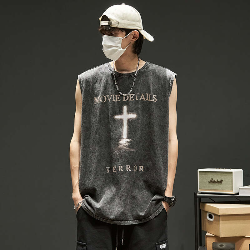 Men's Vest Trendy High Street Ins American Retro Cross Washed Black Sleeveless T-Shirt Outdoor Recreation Comfortable Soft Casual Lightweight Ver
