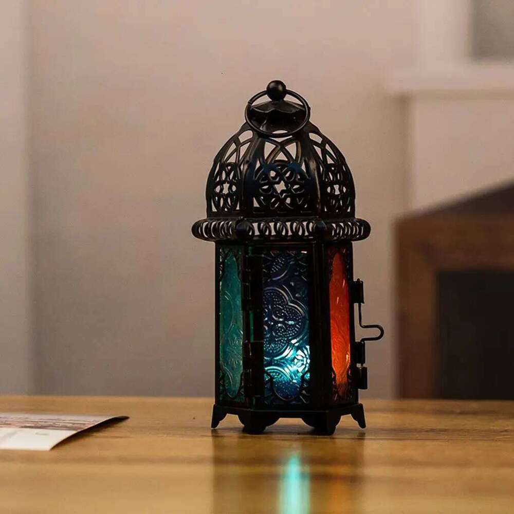 Glass Crystal Moroccan Candlestick Metal Hollow Holder Home Coffee Shop Decoration Iron Hanging Candle Lantern DIY Y260131