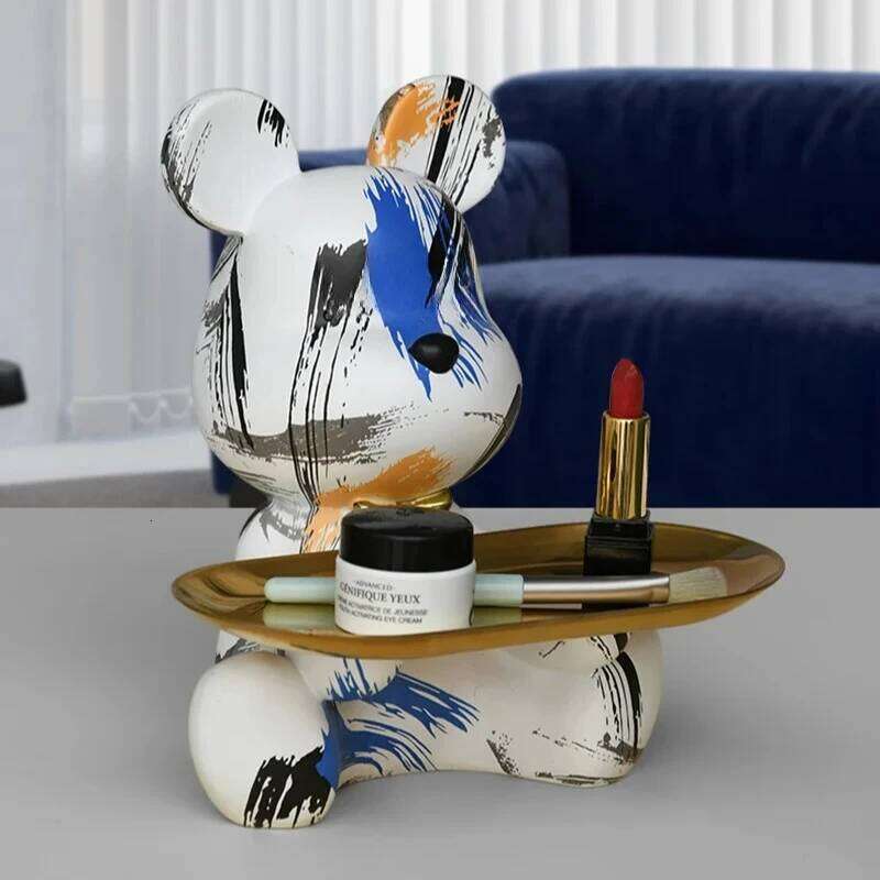 Trendy Colorful Graffiti Bear Abstract Resin Storage Statue Cute Doodle Animal Organizer Desk Holder for Home Office Ornaments Y260202