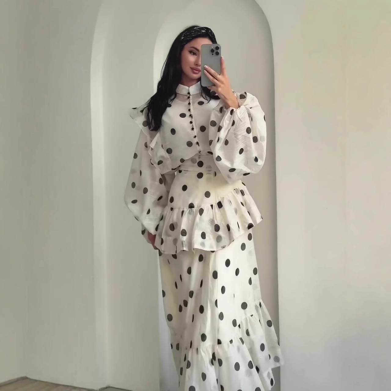 Bohemian Dot Print Women Top Skirt Set Urban Ruffled Full Sleeve Button Top Trumpet Skirt Summer Autumn Lady Outfits 250711