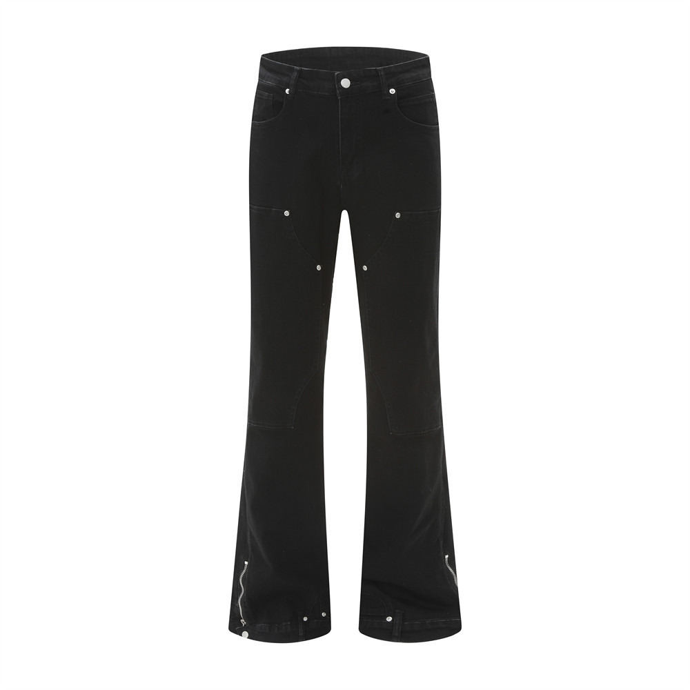 Reverse-Wear Washed Denim Flared Pants Mens Workwear Hippie Trendy Design Sense Personality Patchwork Vintage Long Pants