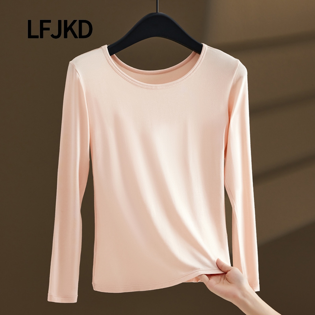 H2624 Women's Round Neck Base Layer Top for Autumn/Winter, Thin, Slim Fit, Warm, Can Be Layered Over T-Shirts, Plus Size, Moisture-Wicking and Br