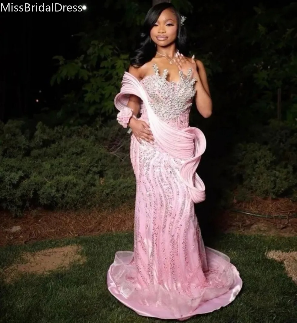 Pink Formal Evening Dresses 2026 for Black Girls Sequin Beading Mermaid Prom Gowns Crystal African Women Vestidos De Festas Customized Luxe 0127