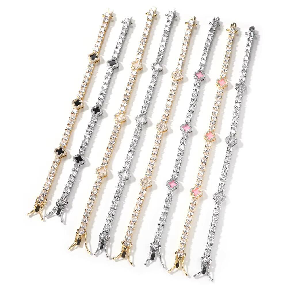 Womens Gold Plated Bling Tennis Bracelet Necklace Chain Diamond Clover Jewelry Set Hip Hop Iced Out Black Clover Necklace