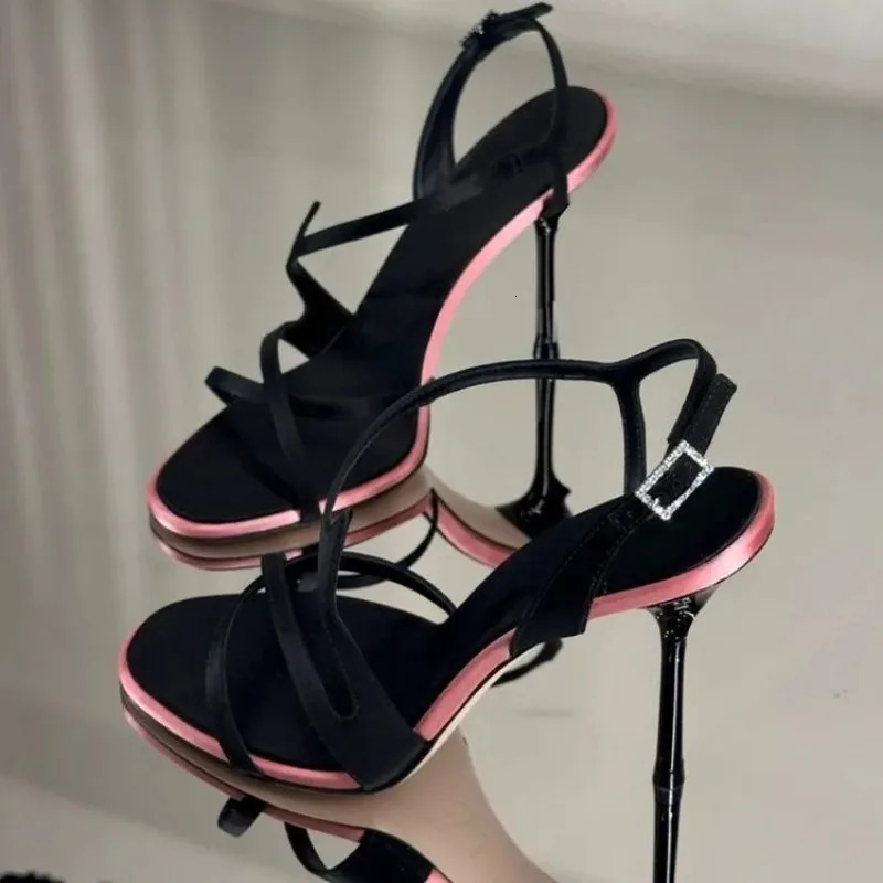 Satin Color Block Stiletto High Heels with One Belt Summer Temperament Versatile Sandals 260130