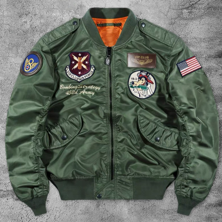 Fashion- Ma1 Army Green Military Flight Jacket Pilot Air Force Men Bomber Jacket Stand Collar Printed Male Fashion Size M-3XL