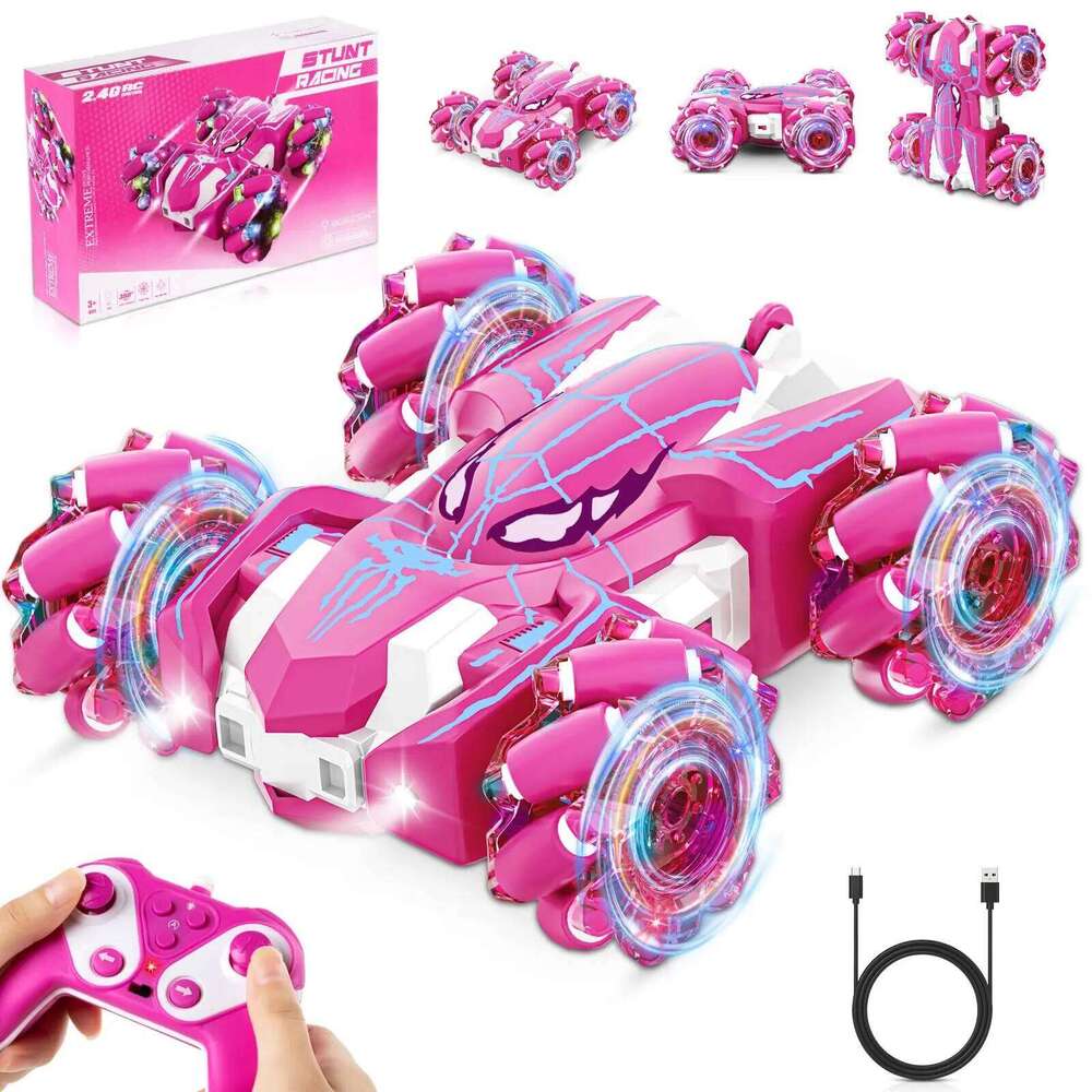 Pink LED Remote Control Stunt Car, 360 Rotation, 2-Sided Driving, Kids' Electric Toy Car for Multiplayer Games Y260131