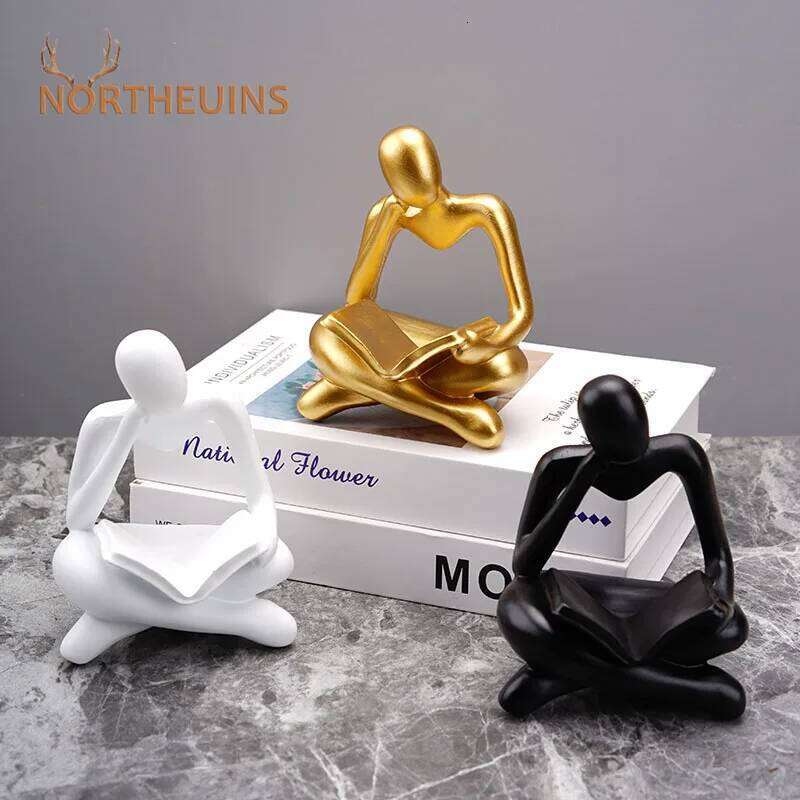 NORTHEUINS Reading Man Resin Figurine for Study Desktop Abstract Thinker Figure Ornament Home Living Room Office Decoration Y260202