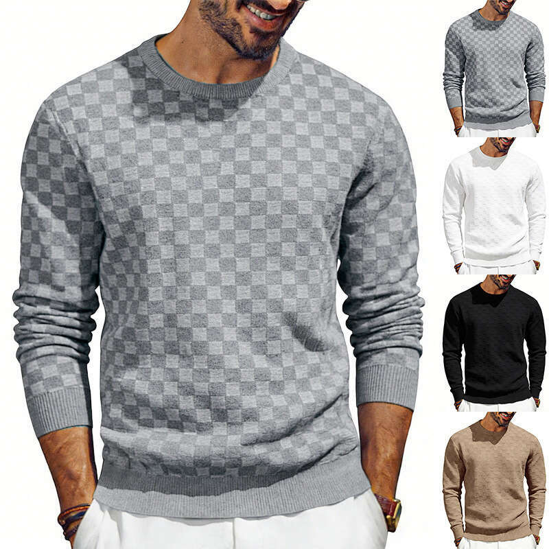 Men's Sweatshirt Style Spring and Autumn Loose Casual Simple Towel Jacquard Checkerboard Round Neck Long Sleeve Outdoor Recreation