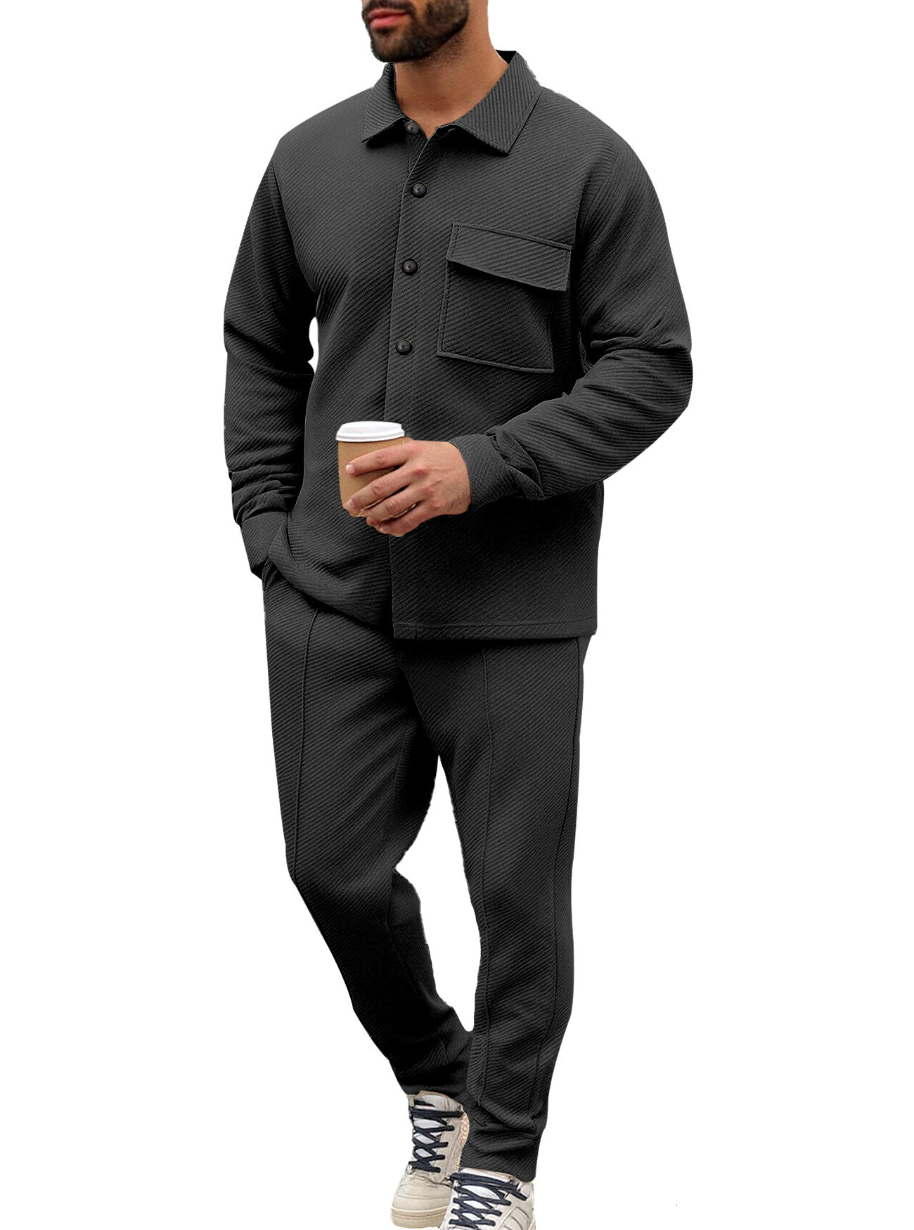 Mens Spring and Autumn Casual Jacquard Pocket Button Jacket and Sweatpants Set Versatile Sportswear