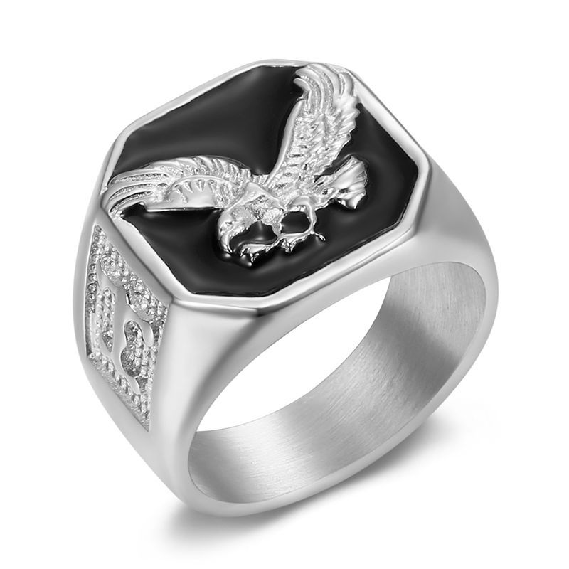 Hip Hop Square Black Oil Dripping Eagle Casting Animal Ring 316L Stainless Steel Gold Plated Jewelry