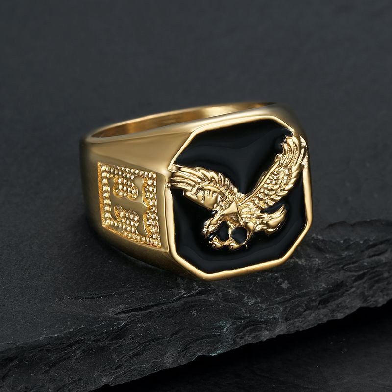 Hip Hop Square Black Oil Dripping Eagle Casting Animal Ring 316L Stainless Steel Gold Plated Jewelry