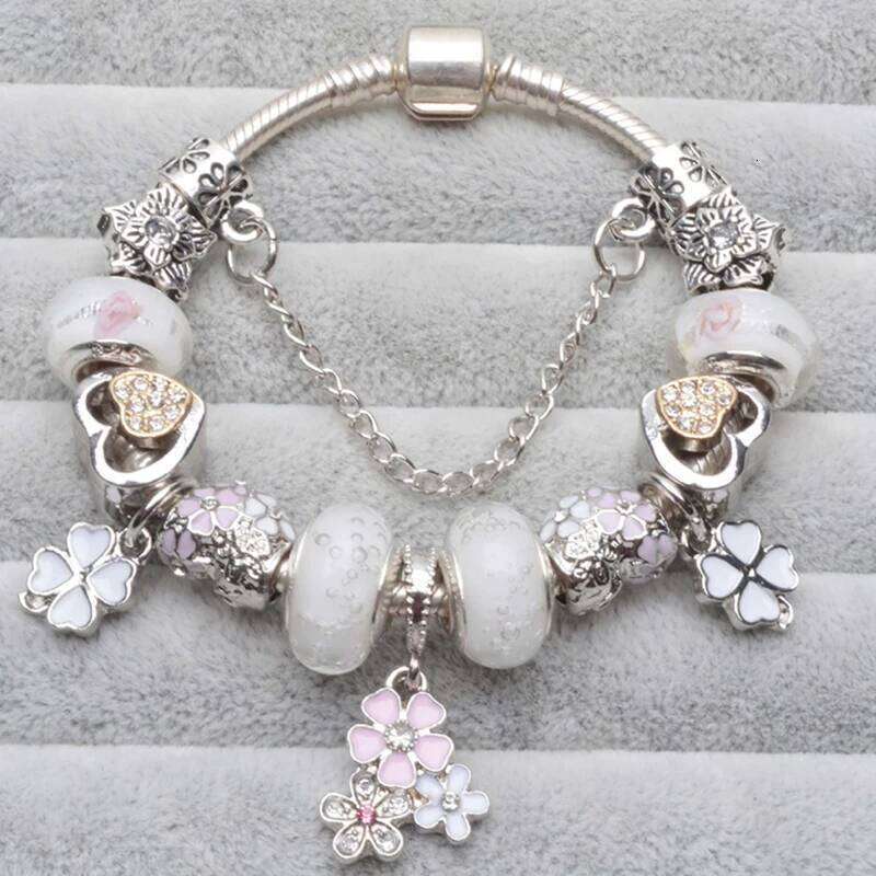Cherry Blossoms Pendant Charm With White Love Heart & Crystal Beads Brand Bracelets Bangles For Women Fashion Jewelry H260202