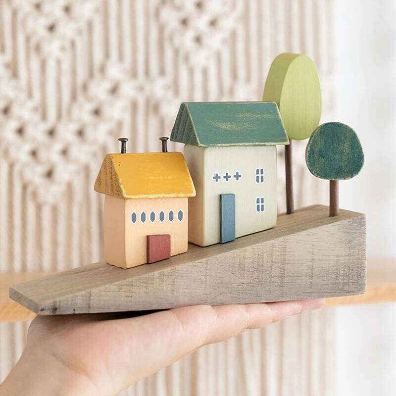 Nordic Wooden House Ornaments Home Decoration Wood Architecture Cute Desk Miniature Craft Work Baby Kids Room Nursery Decor Y260202