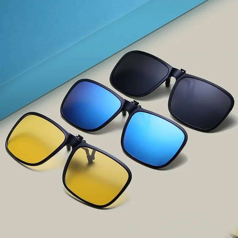 Polarized Square Men Clip On Glasses Flip-up Frames Sunglasses Covers Blue Night Vision Color Lens 2024 H260202