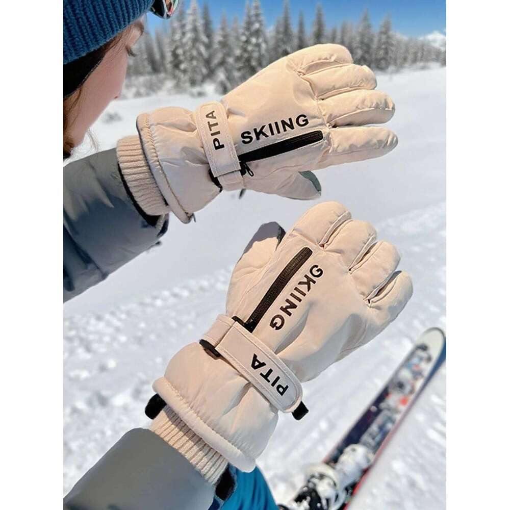 Touchscreen Ski Pockets, Fleece-Lined Thickened with Zipper Card Slot, Winter Cycling Electric Vehicle Gloves for Cold Protection, Windproof and Water