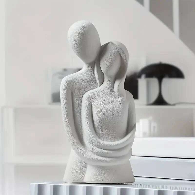Nordic Minimalist Couple Sculpture Lover Embracing Figure Frosted Ceramic Pure White Gray Statue Wedding Gift Y260202