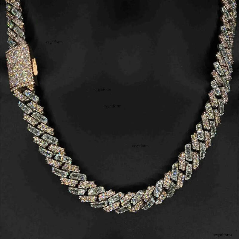 Kibo Iced Out Pure Sier Necklace Gra Vvs 15mm Two Tone Style Baguette and Round Cut Moissanite Cuban Link Chain