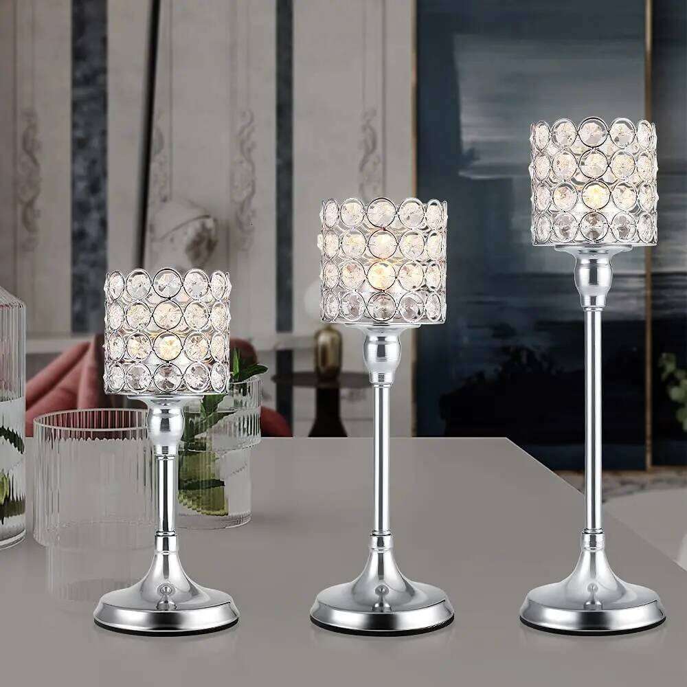 Silver Crystal Cylinder Candle Holders, Pillar Candlestick Holders for Living Room, Wedding, Dining Table, Centerpieces, 1PCS Y260131