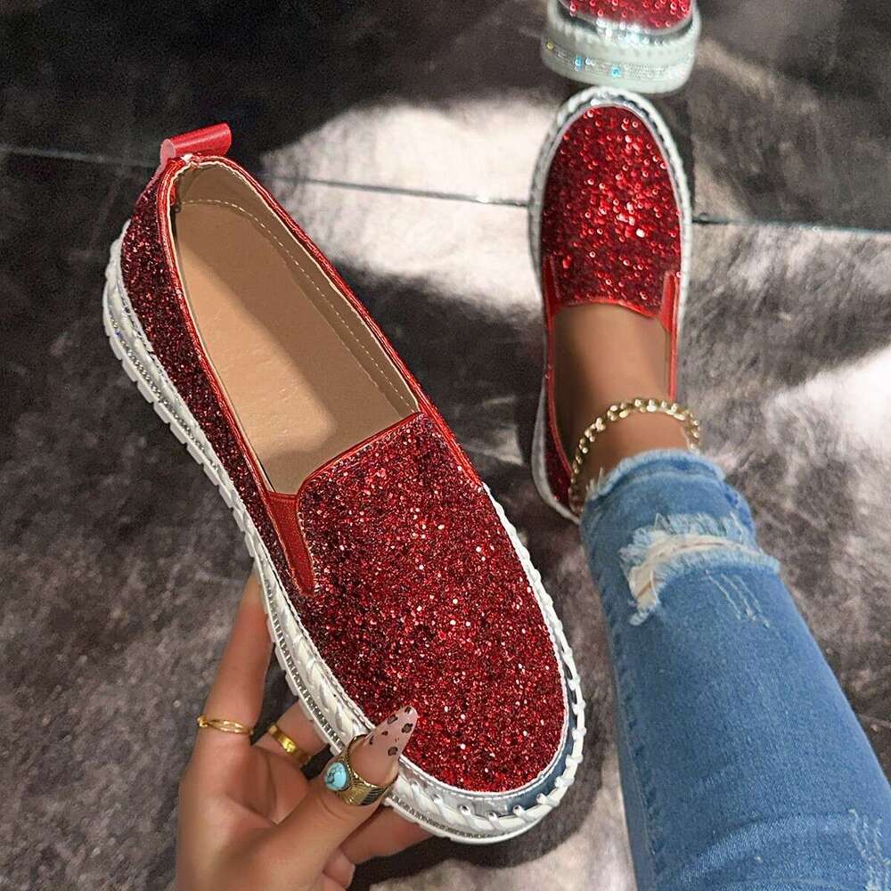 2026 Spring New Slip-On Thick-Soled Lazy Casual Sequin Rhinestone Versatile Export Large Size Single Shoes