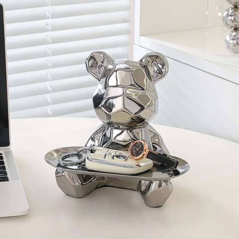 Ceramic Geometric Bear Ornament Coin Bank Home Living Room Desktop Remote Control Key Storage Tray Decorative Statue Gift Y260202