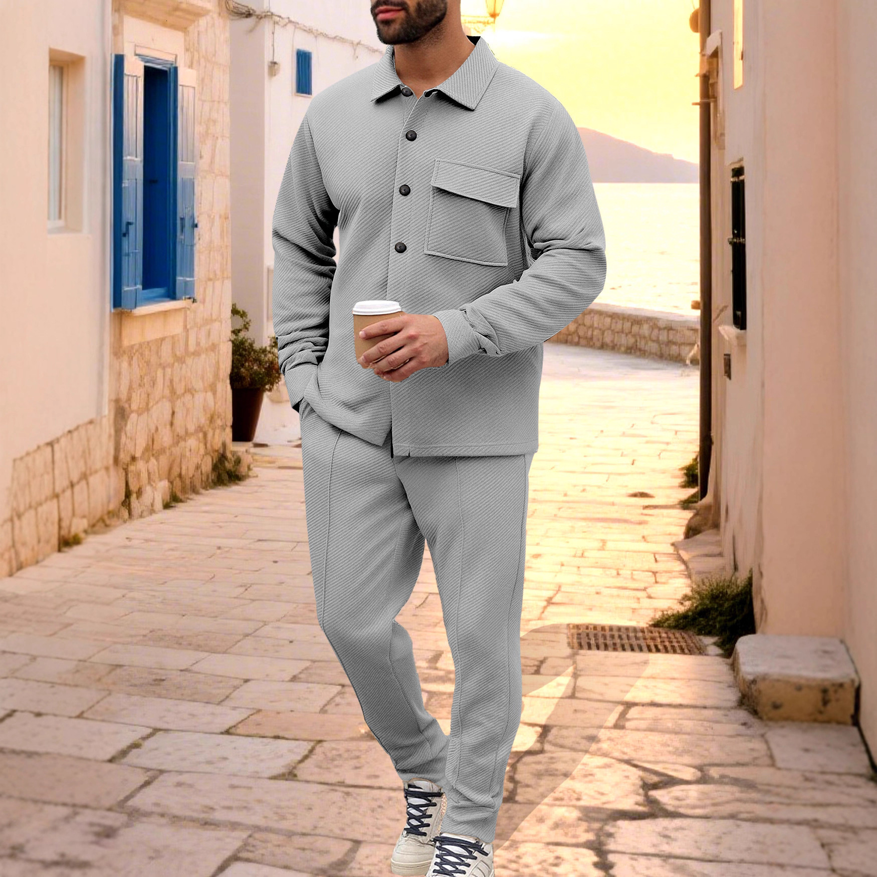 Mens Spring and Autumn Casual Jacquard Pocket Button Jacket and Sweatpants Set Versatile Sportswear