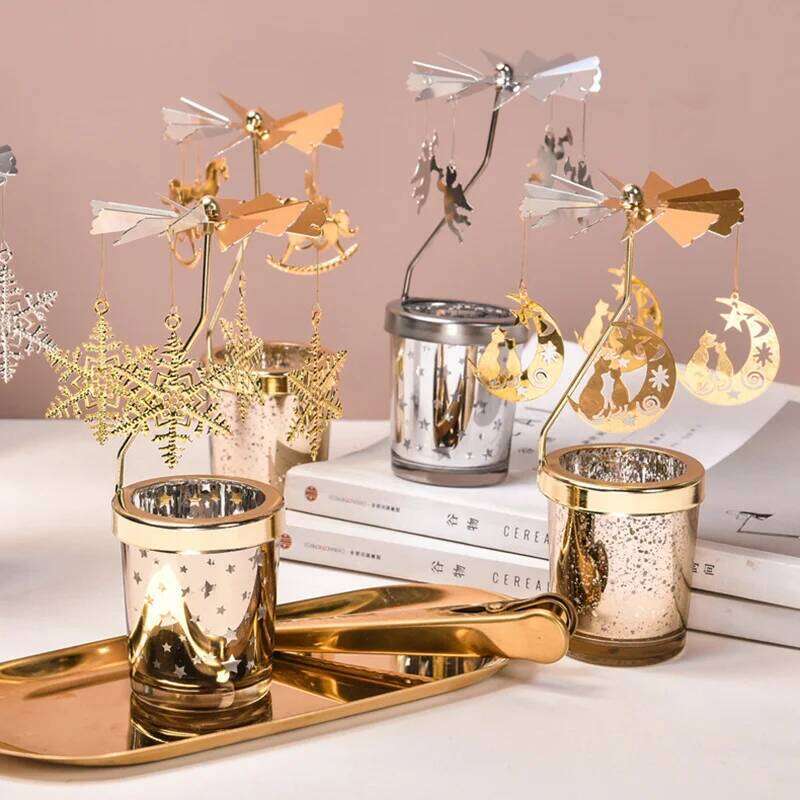 Rotating Stick Holder Gold Candlestick Home Decoration Romantic Valentine's Gift Party Room Decor Carousel Candle Stand Y260131
