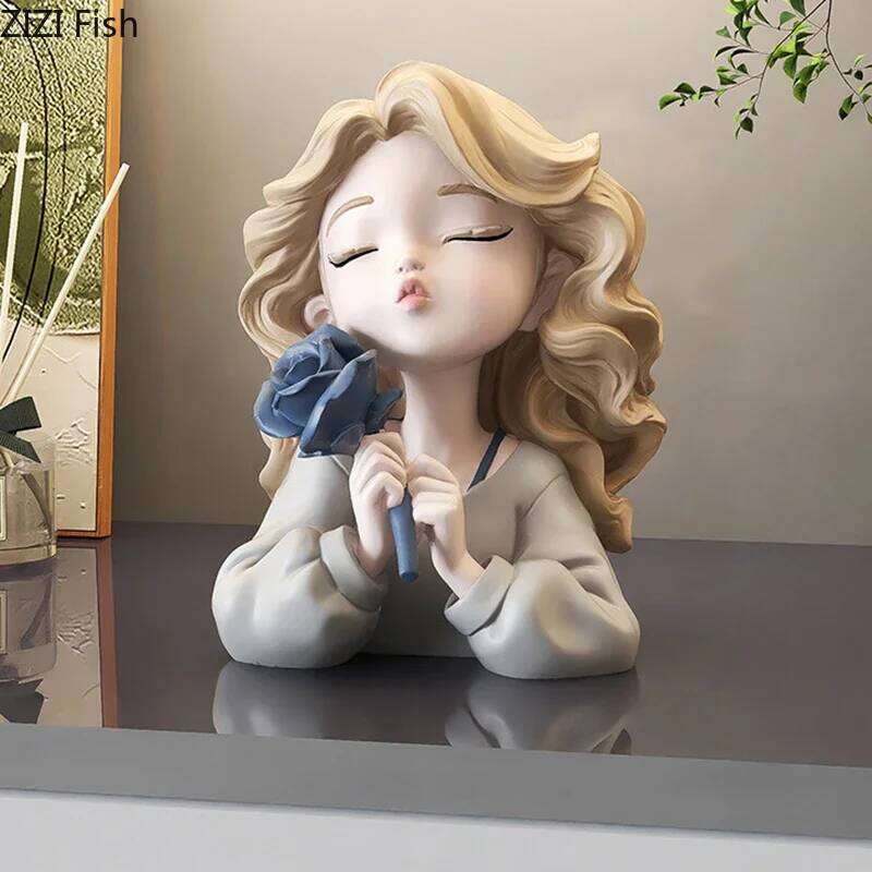 Wavy Blonde Hair Girl Figures Rose Flower Statue Desk Decoration Exquisite Character Resins Sculpture Room Aesthetics Decor Y260202