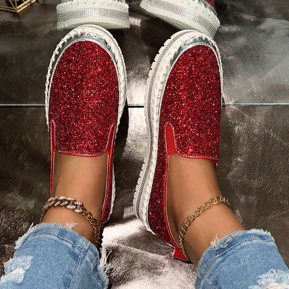 2026 Spring New Slip-On Thick-Soled Lazy Casual Sequin Rhinestone Versatile Export Large Size Single Shoes
