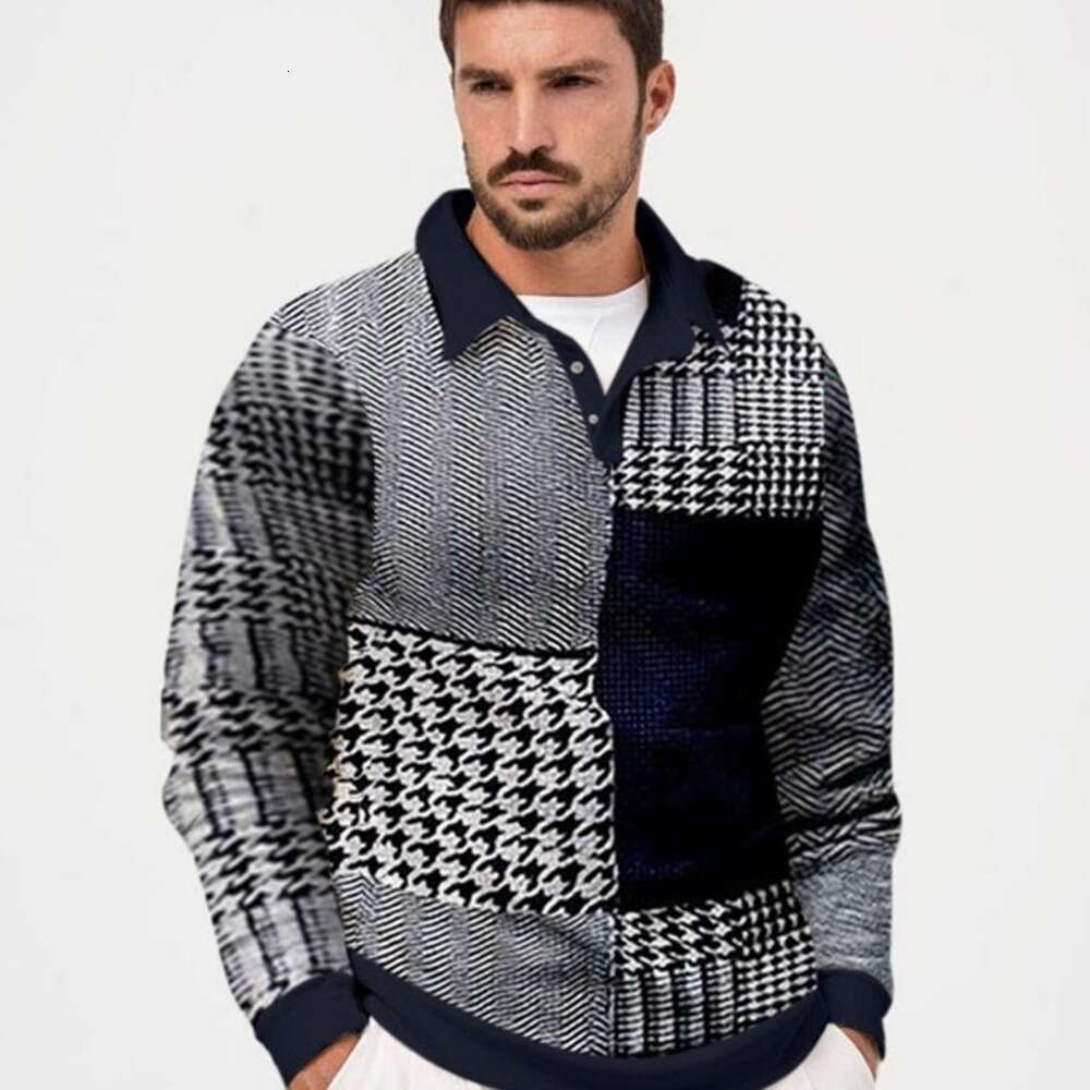 Men's Clothing New Fashion Casual Turn-Down Collar cDigital Print Men's polo shirts Casual Casual Long Sleeve Plaid