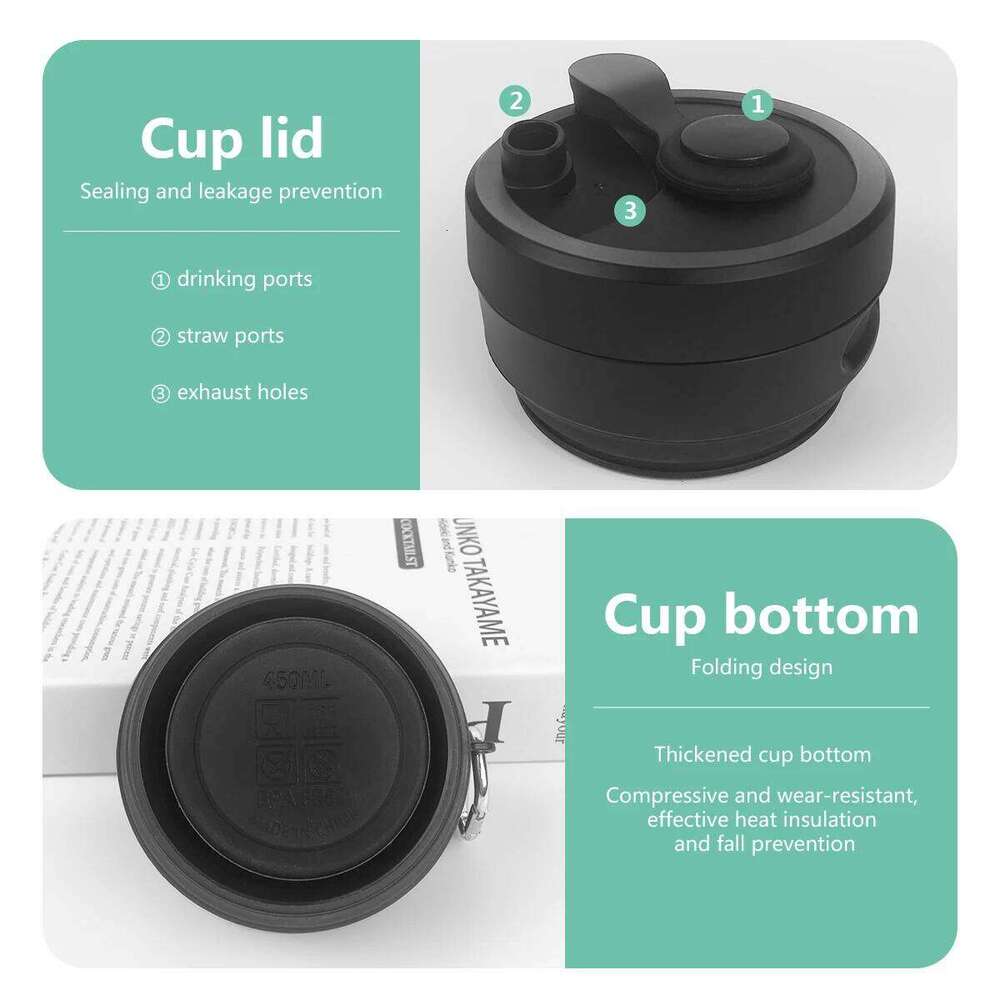 Silicone Coffee Mug Collapsible for Camping Folding Travel with Straw Reusable Portable Drinking Cups Outdoor Hiking 450ml Z260202