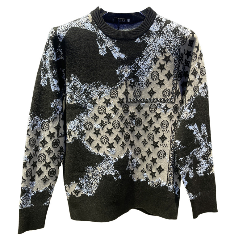 2026 New Design Jacquard Gradient Casual Sweater Men's Fashion Trend Warm Round Neck Knitted Sweater Black Blue